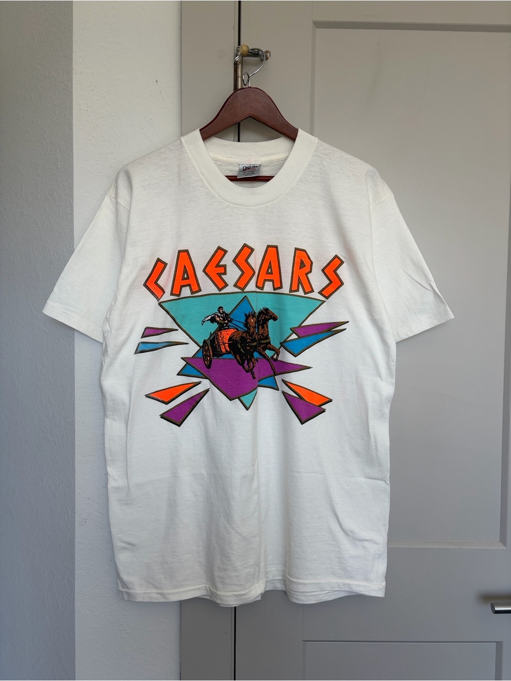 VINTAGE SINGLE STITCH CAESAR RETRO HORSE CARRIAGE GRAPHIC T-SHIRT WHITE MEN’S XL